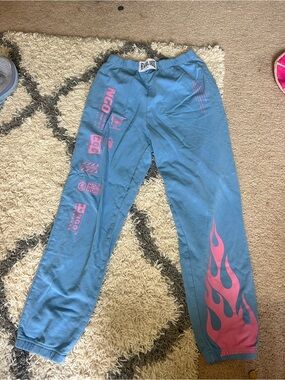 New girl order Flame Graphic Blue Sweatpants with Pink Accents